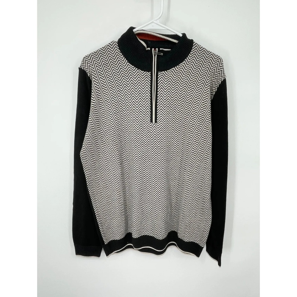 Patrick James Mens 1/4 Zip‎ Sweater Pullover L Black White Chevron Merino Wool